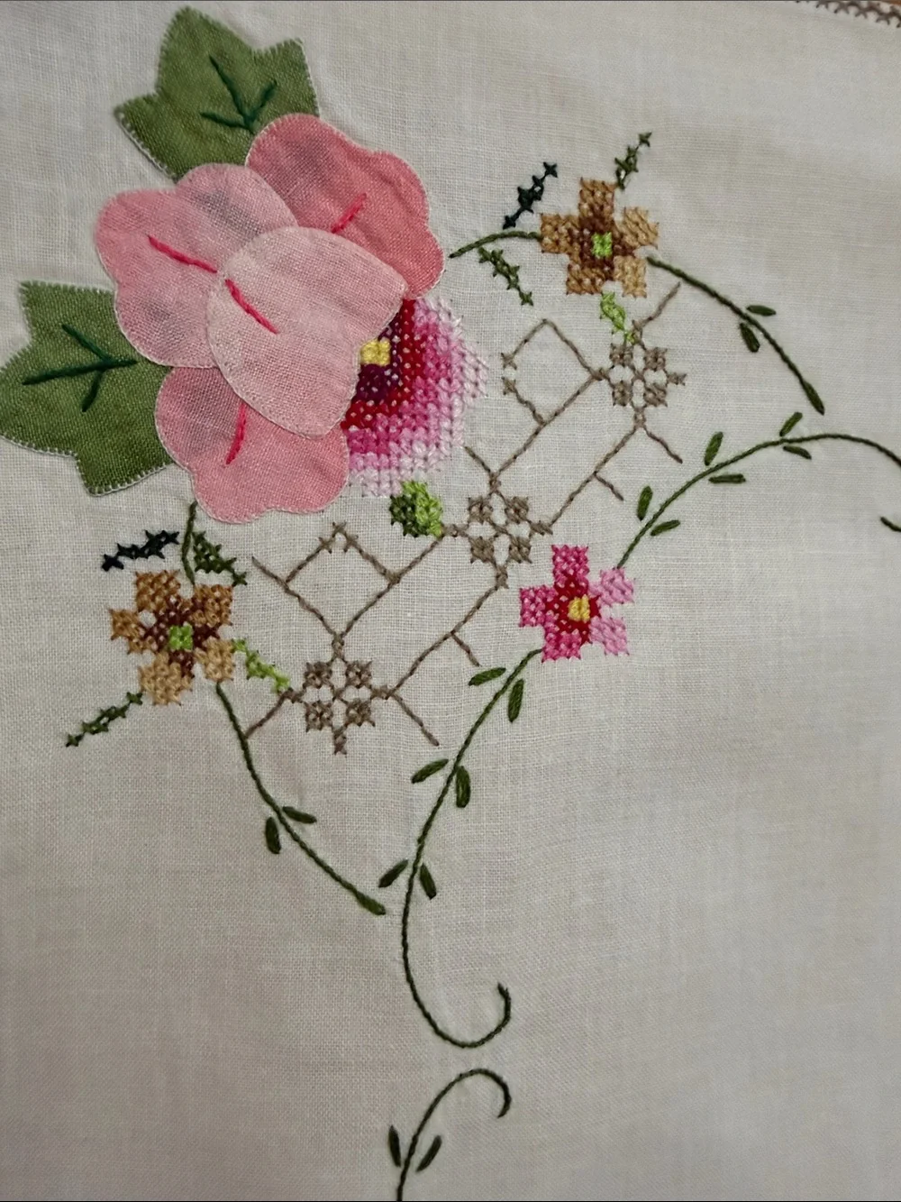 Embroidered Vintage Pink Rose Table Runner - Home Dining-Dresser Sash.